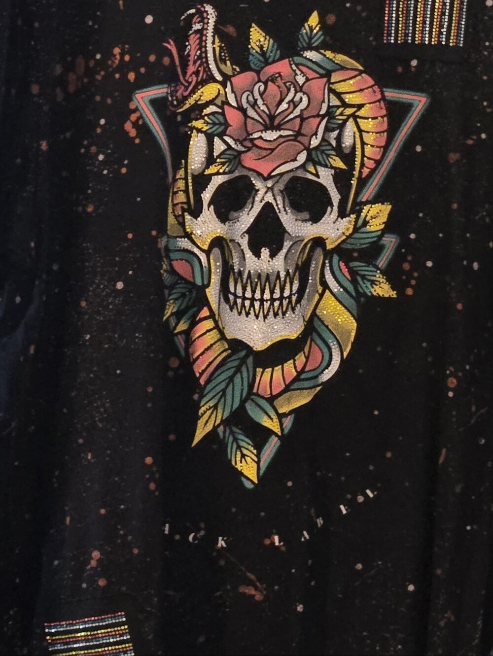 Affliction Black Long Sleeve Skull & Rose Tee with Yellow, Pink and Teal Accents
